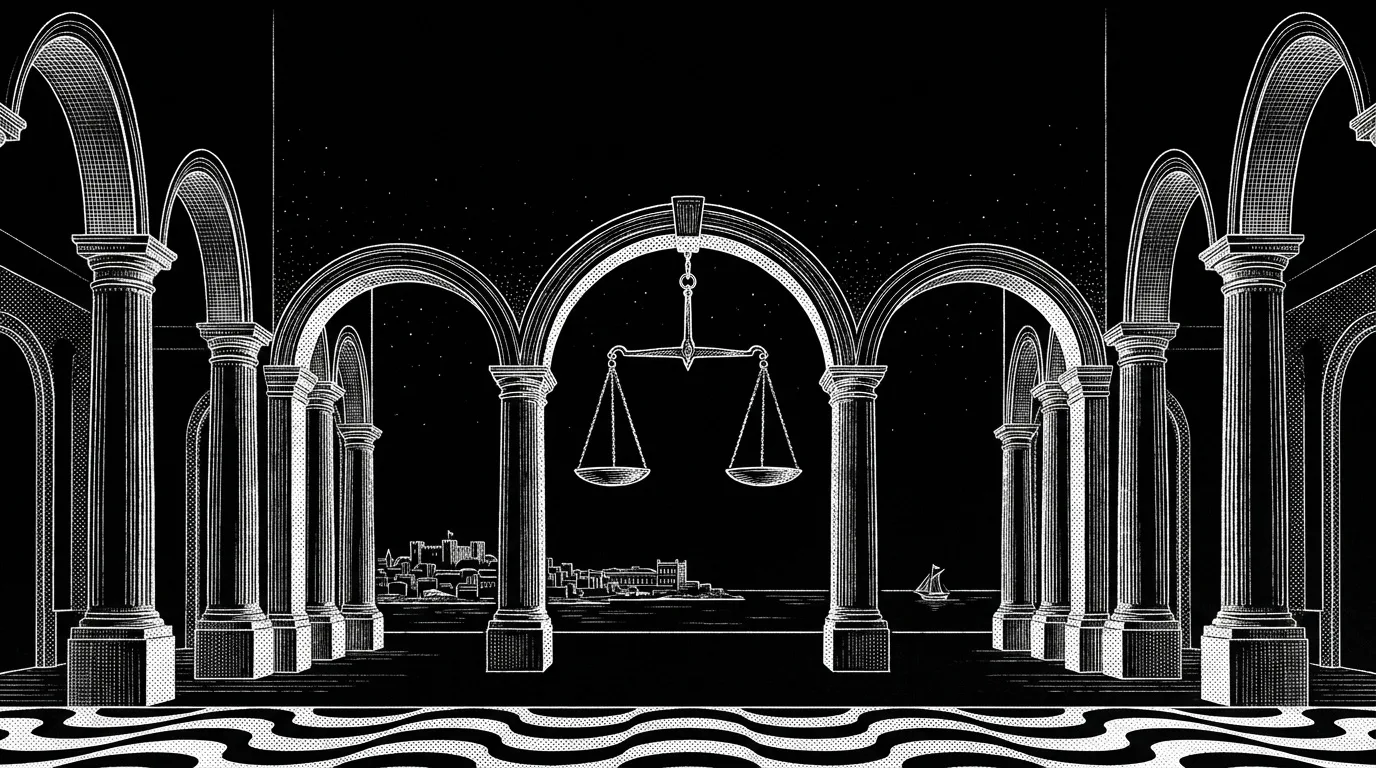 Azulejo-inspired arches representing connected Portuguese legal sources and AI research tools